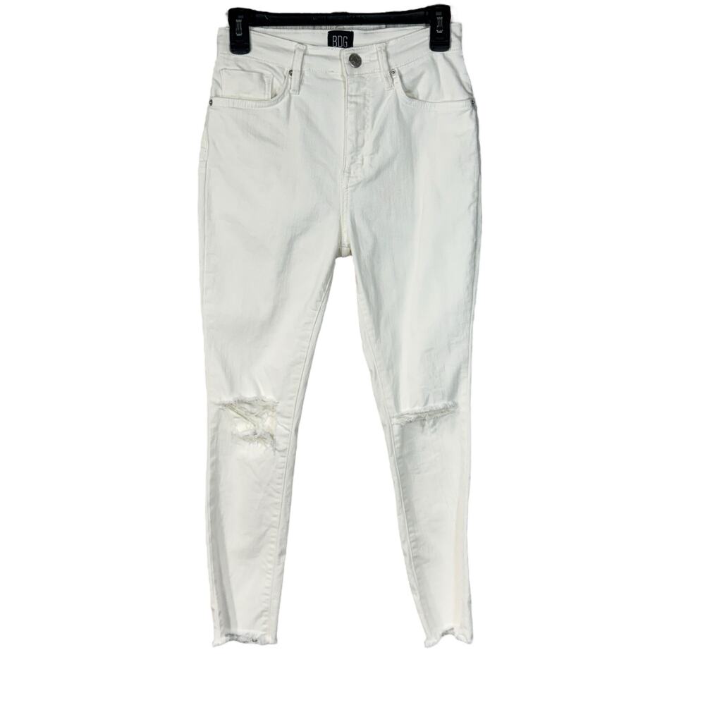 BDG SZ 27 Twig High-Rise Crop Jeans Distressed Rips Zip-Fly Pockets Frayed White